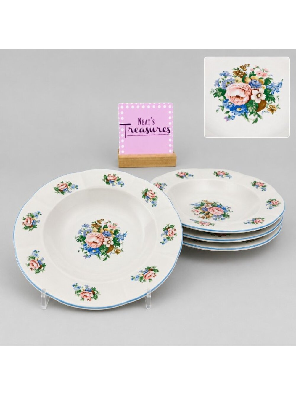 Tabletops Unlimited TAU71 Floral Blue Ceramic Rim Pasta Soup Cereal Bowl Set 4